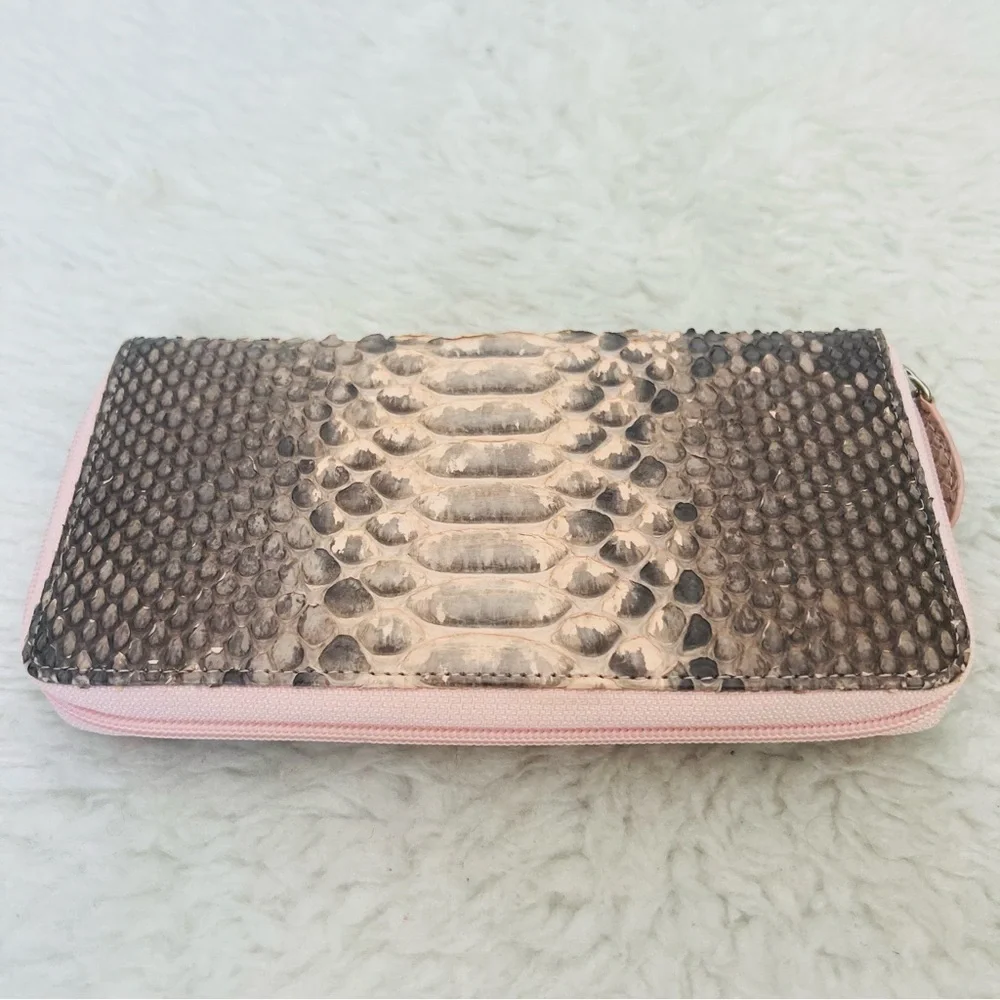 Genuine Python Snake Skin Leather Pink/ Black/Gray Zip Around Long Wallet